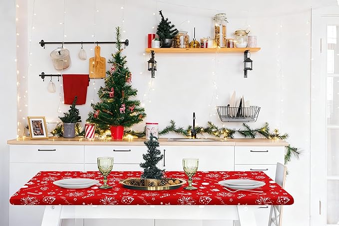 Smiry Rectangle Christmas Table Cloth, Waterproof Elastic Fitted Tablecloths for 8 Foot Tables, Washable Polyester Table Cover for Christmas Dinner (Snowflower, 30"x96")