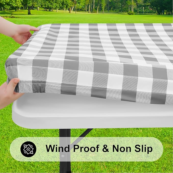 Smiry Rectangle Picnic Table Cloth, Elastic Waterproof Fitted Vinyl Tablecloths, Flannel Backed Buffalo Plaid Table Covers for Dining, Camping, Outdoor (White and Grey, 24" x 48")