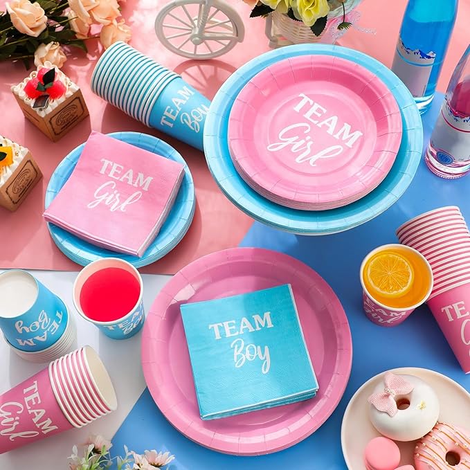 200 Pieces Party Supplies Tableware Set Patterns Printed Plates Napkins Cups Table Decorations for Baby Shower Birthday Party (Gender Reveal Style)