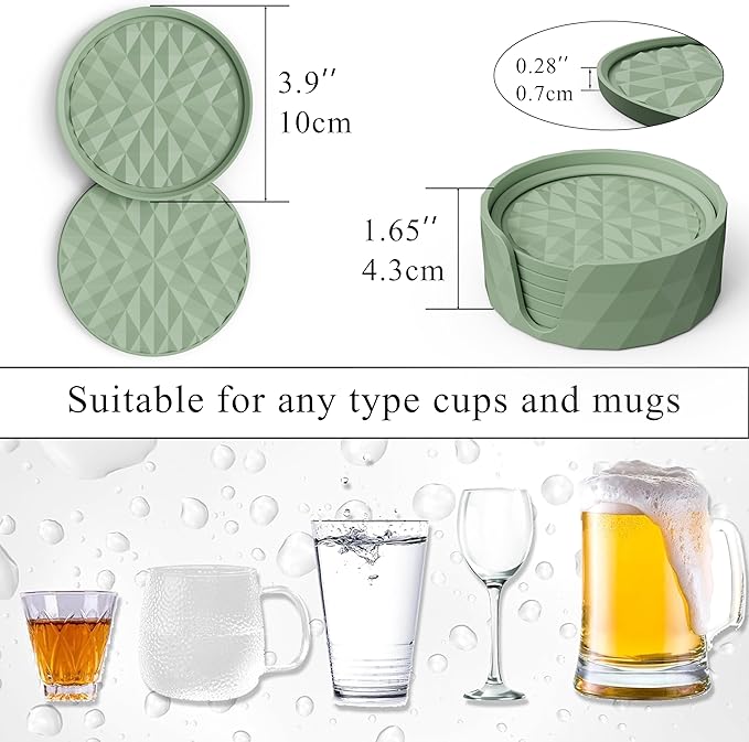 Silicone Coasters for Drinks[6 Pack, Sage Green] Diamond Design Cup Mat with Holder for Tabletop Protection Non Slip, Non Stick, Coffee Table Decor, Great Gift for Any Occasion