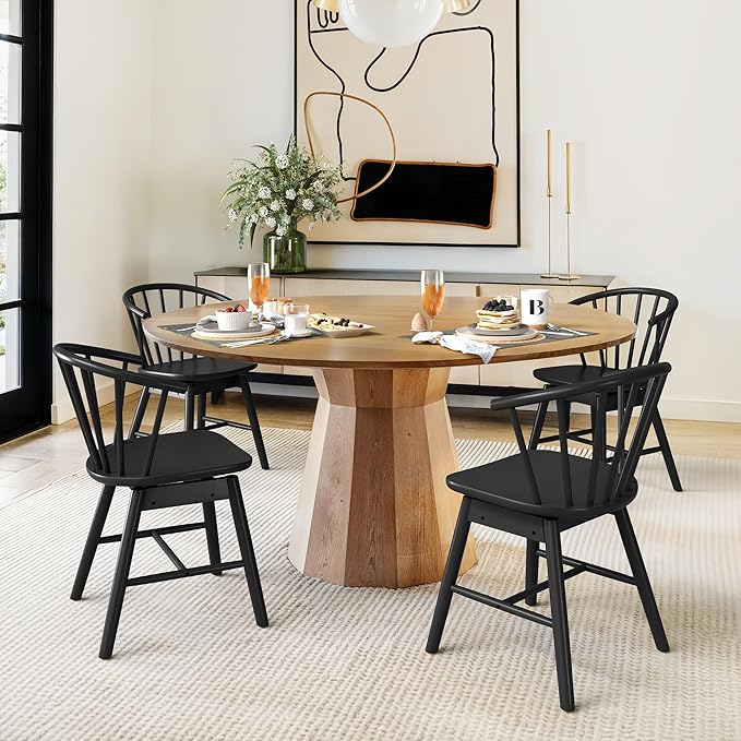 LUE BONA Black Dining Chairs Set of 8, Swivel Windsor Wood Dining Chairs with Semicircular Backrest, Spindle Dining Chair for Kitchen and Dining Room, 18 Inch