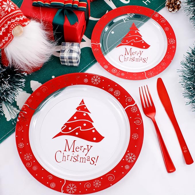 U-QE 60PCS Red and Clear Plastic Plates - Disposable Christmas Plastic Plates for 30 Guests Include 30 Dinner Plates 10.25’’ & 30 Dessert Plates 7.5’’, Premium Party Supplies for Christmas Theme Party