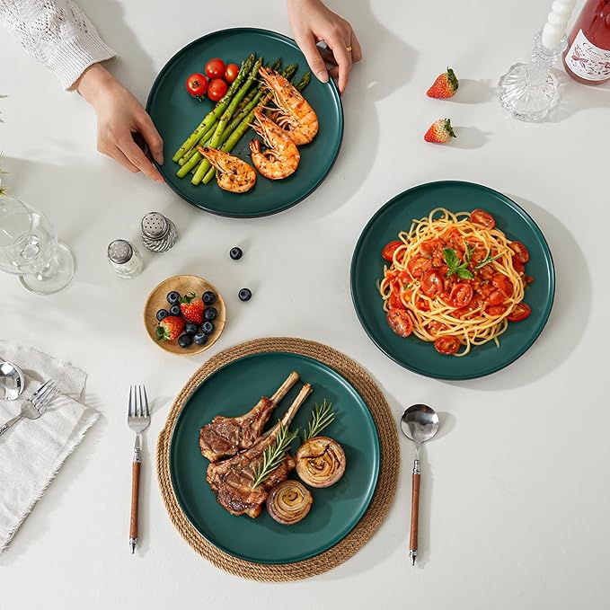 Stoneware Dinner Plates Set of 4, 10.25 Inch Plates for Steak, Pasta, Ceramic Plates Sets, Microwave Safe, Dishwasher Safe, Versatile for All Seasons, Matte Green