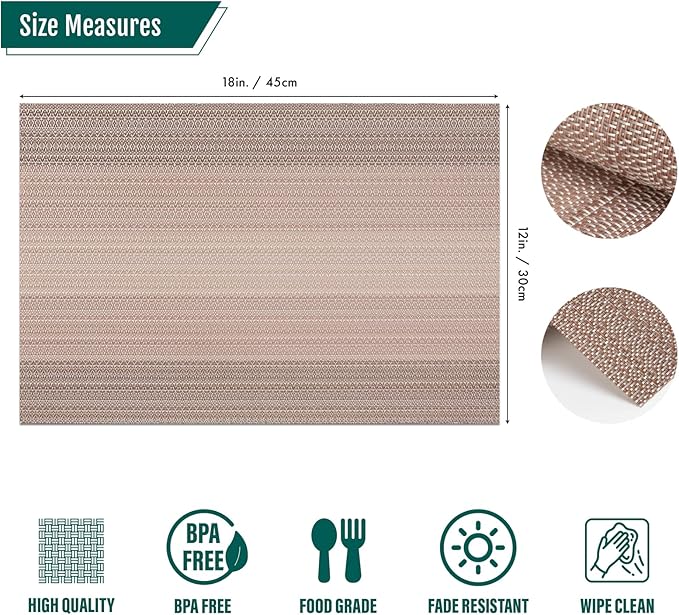Winknowl Placemats Set of 8, Washable Vinyl Woven Placemats, Heat Resistant & Wipeable Table Mats for Kitchen Dining Table (Pink Gold)