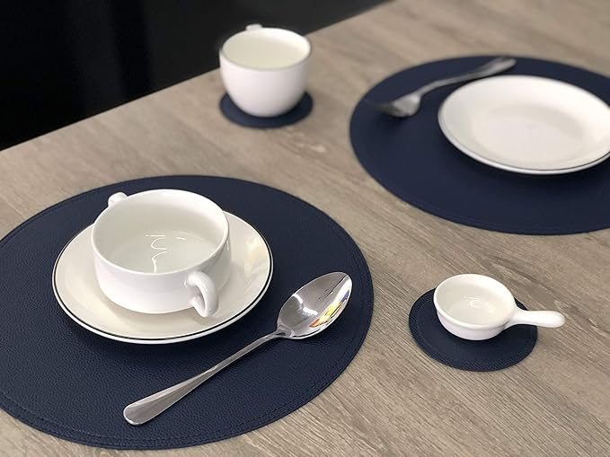 Set of 8 Faux Leather Round Placemats and Coasters, Coffee Mats Kitchen Table Mats, Waterproof, Easy to Clean for Kitchen Dining Round Table
