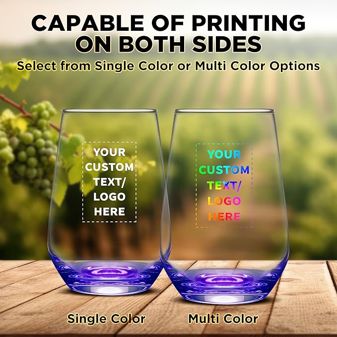 DISCOUNT PROMOS 100 Vaso Silicia Stemless Wine Glasses Set, 16 oz. - Personalized Text, Logo - Clear, Orb-Like, Thick base - Purple