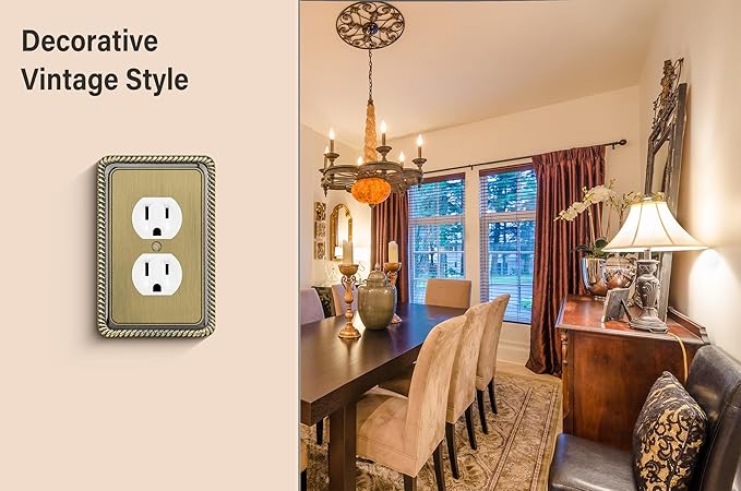 Henne Bery Rope Edge Decorative Wall Plate Switch Plate Outlet Cover (Single Duplex, 3 Pack, Antique Brass)