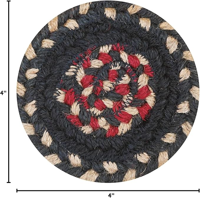 Homespice Primitive Star Gloucester Braided Jute Coasters 4", Warm Primitive Decor, Set of 6, Black and Red - Durable, Absorbs Moisture, Easy to Clean and Protects Furniture