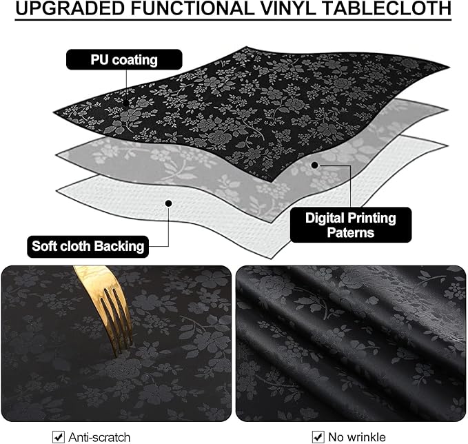 Smiry Rectangle Table Cloth, Waterproof Heavy Duty Vinyl Tablecloths, Wipeable Washable Table Cover for Kitchen and Dining Room (Black, 60" X 102")