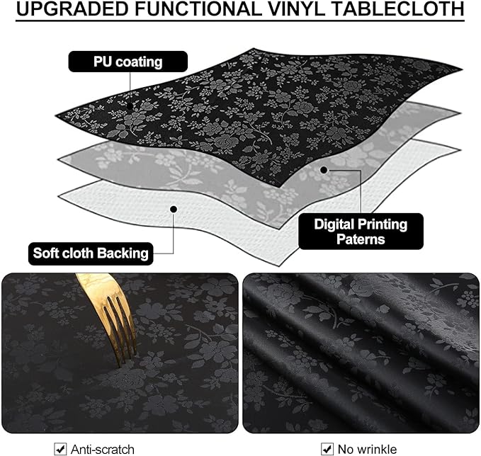 Smiry Rectangle Table Cloth, Waterproof Heavy Duty Vinyl Tablecloths, Wipeable Washable Table Cover for Kitchen and Dining Room (Black, 54" X 78")