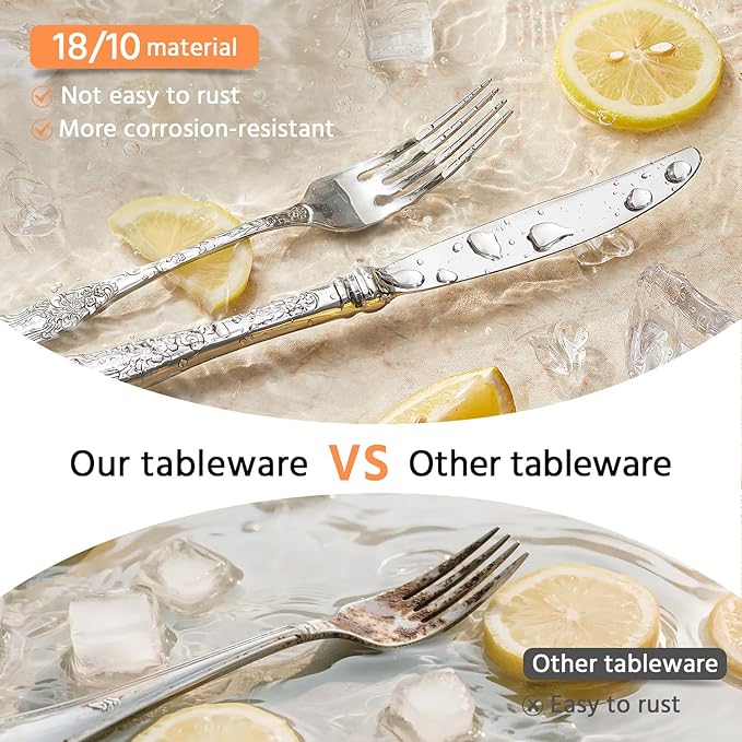 KINGSTONE Vintage Carved Silverware Set, 10-Piece 18/10 Stainless Steel Flatware Cutlery Set with Retro Royal Thick Handle, Tableware Utensils for Home, Restaurant, party, Wedding, Dishwasher Safe