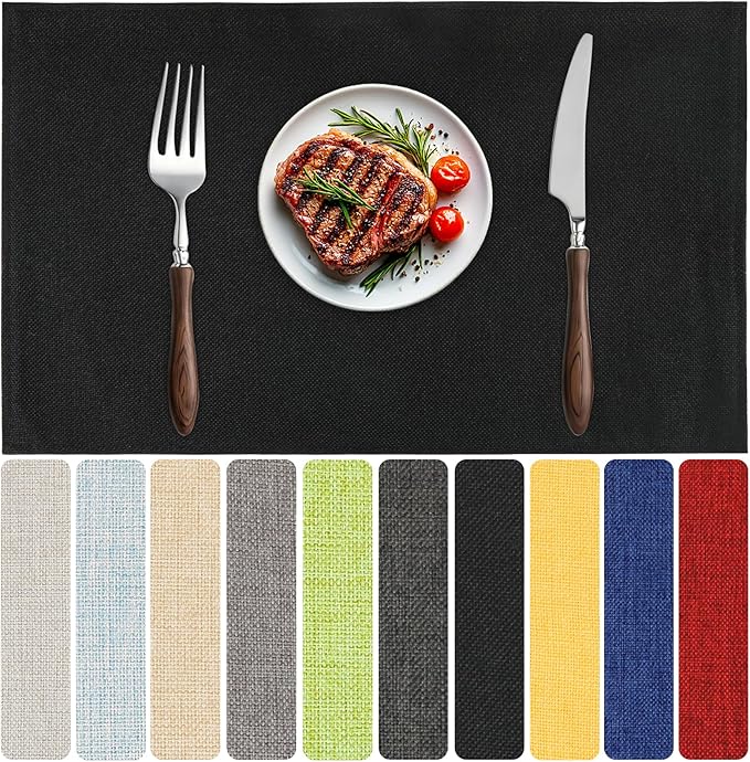 Blue Forest Placemats Set of 4, Dual-Layered Thickened Faux Linen Table Mats Heat Resistant Machine Washable Wrinkle Free Place Mats for Kitchen Dining Outdoor/Indoor (Black)