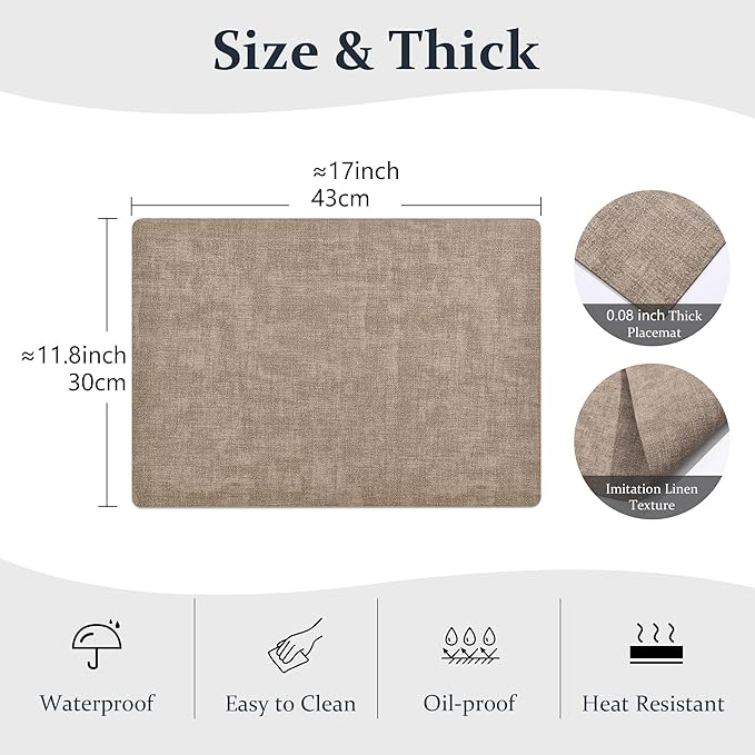 FROMHEART Faux Leather Placemats Set of 4–Waterproof,Heat/Oil Stain-Resistant PU Table Mat–Reversible,Non-Slip,Easy to Clean Place Mats for Kitchen,Dining,Indoor/Outdoor,(Light Coffee,11.8" x 17")