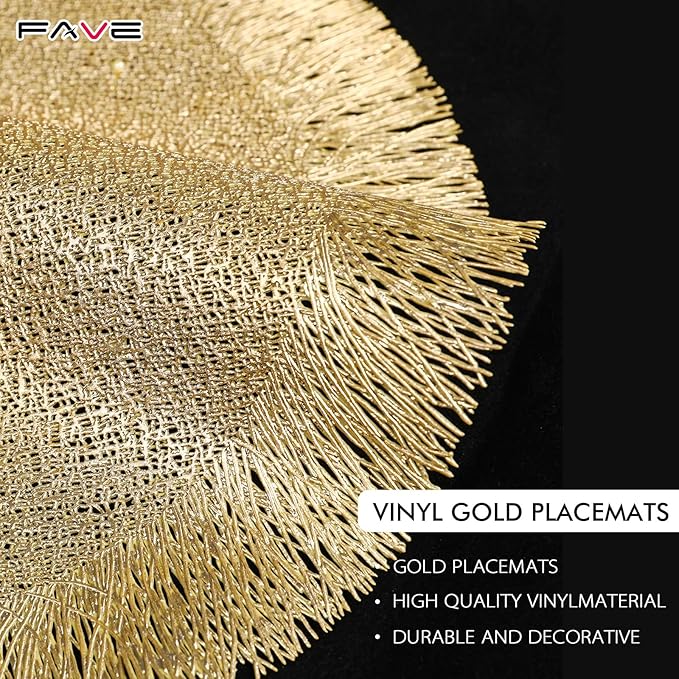 FAVE Set of 12 Round Gold Vinyl Placemats, Luxury Spiral Pattern for Formal Events, Restaurant, Parties, Birthdays (15 Inch,12PCS)