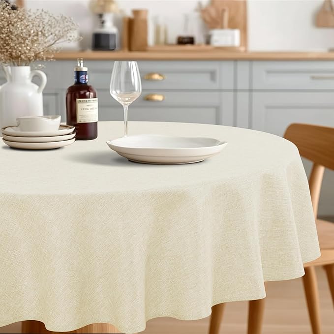 JIUZHEN Round Table Cloth Faux Linen Farmhouse Tablecloth Wrinkle & Stain Resistant Table Cover for Kitchen Dining, Holiday Party Dinner, Champagne, 108 Inch Round