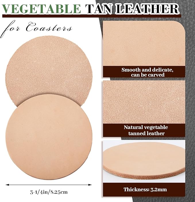 Bulyoou 100 Pack Round Vegetable Tan Leather 3-1/4" Tooling Veg Circular Leather Pieces Sheet for Laser Engraving Coasters Tooling Stamping Carving, Thickness 3.2 mm