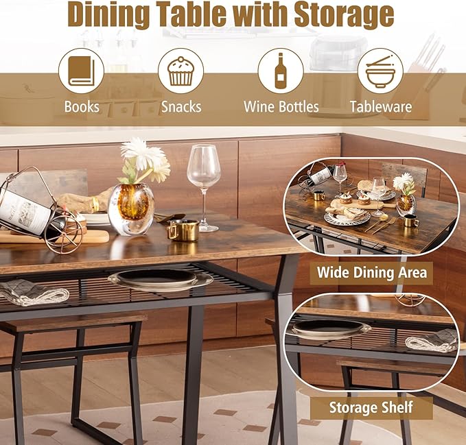 Giantex Dining Table Set for 4, 47”L x 28”W Rectangular Kitchen Table w/ 4 Trapezoid Chairs, Reinforced Metal Frame & Storage Rack, Industrial Space-Saving Dinette Set for Kitchen Dining Room (Brown)