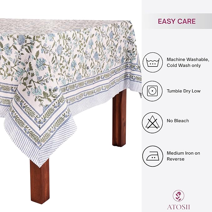 ATOSII Mahoka Blue 100% Cotton Rectangle Spring Tablecloth, Handblock Floral Linen Table Cloth for Kitchen Dining Table I Parties Weddings Outdoors Easter Home Decor 72 X 140 Inches I 12 Seater