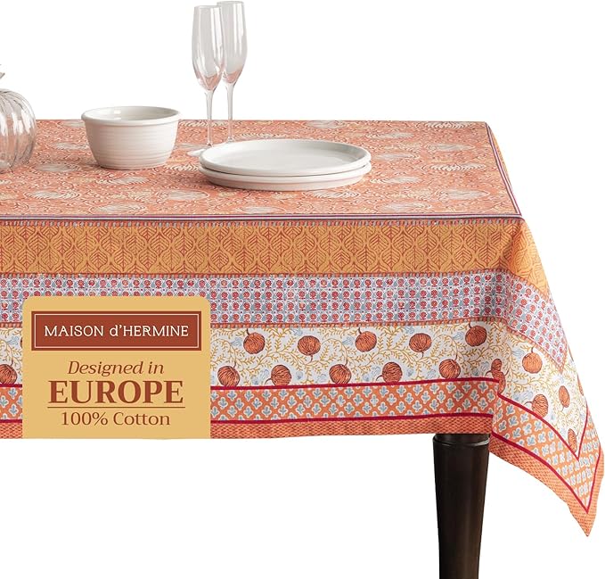 Maison d' Hermine Table Cloth Square Table 100% Cotton 60 x 60 Inches Fall Tablecloth Reusable Everyday Use for Thanksgiving Christmas Decorations Dining Farmhouse Party (Harvest Festival)