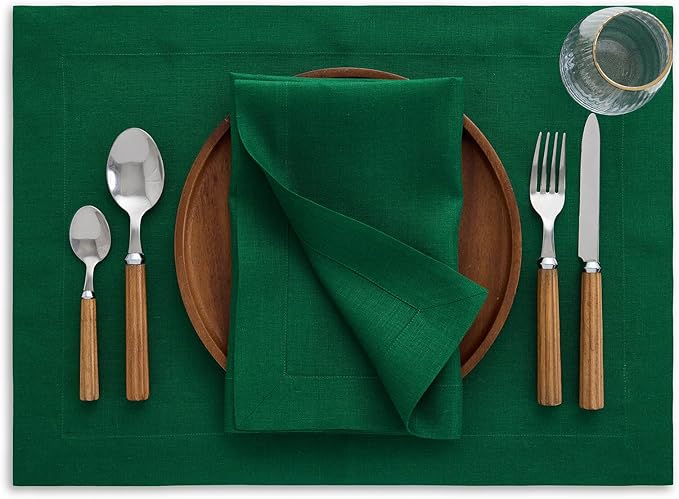Solino Home Linen Placemats Set of 4 - Christmas Green Placemats 14 x 19 Inch - 100% Pure Linen Table Place Mats for St Patricks Day - Fete
