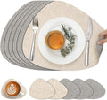 Placemats and Coasters, Washable Placemats Round Faux Leather Wipeable Place Mats Non Slip Heat Resistant Indoor Outdoor Table Mats (Set of 6, Light Gray Cream-White)