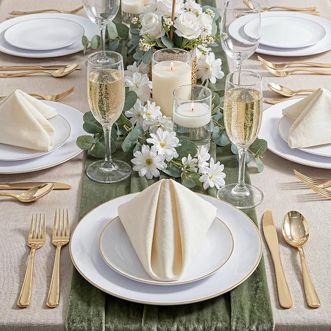 KIRE 100PCS Disposable Plates - White with Gold Rim for Christmas Party/Wedding - Includes 50Pieces 10.25inch Dinner and 50Pieces 7.5inch Dessert/Salad Plates