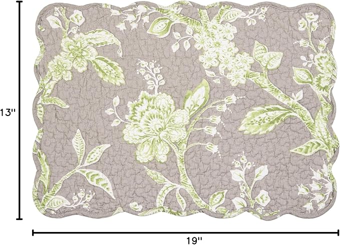 C&F Home Julia Reversible Scalloped Quilted Vintage Floral Flower Themed Jacobean Dining Tabletop Placemats Set of 6 All Seasons Spring Summer Home Kitchen Dinner Table Décor Decoration S/6 Grey &