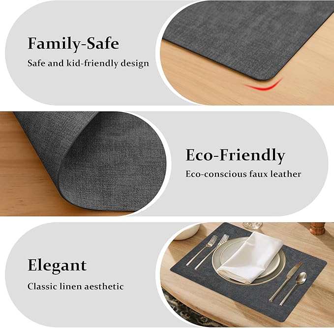 FROMHEART Faux Leather Placemats Set of 8–Waterproof,Heat/Oil Stain-Resistant PU Table Mat–Reversible,Non-Slip,Easy to Clean Place Mats for Kitchen,Dining,Indoor/Outdoor,(Dark Grey,11.8" x 17")