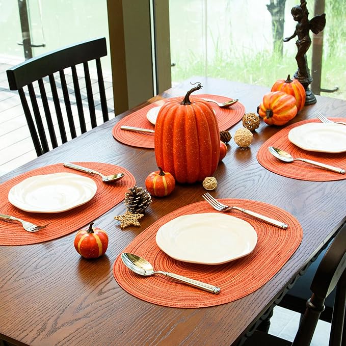 Noctiflorous Oval Braided Placemats Set of 6 Woven 12x18 Inch Non Slip Washable Heat Resistant Place Mats Tablemats for Dining Kitchen Party Daily Table Decor Dinner Mats (Fall Orange, 6)