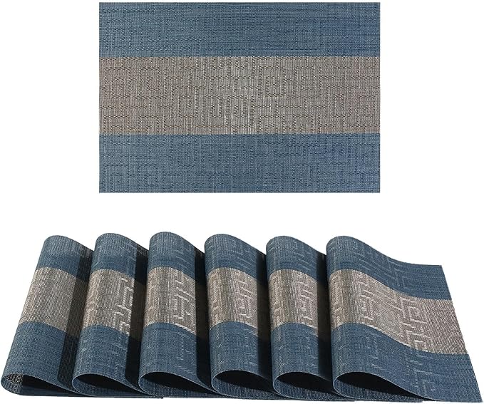 FAVE Placemats Set of 12 Indigo Blue Woven with Gray Placemats Durable and Wipeable Vinyl Place Mats Set 12 for Wedding, Banquet, Birthday, Party, Restaurant Decorations (Indigo Blue, 12"x18"-12PCS)
