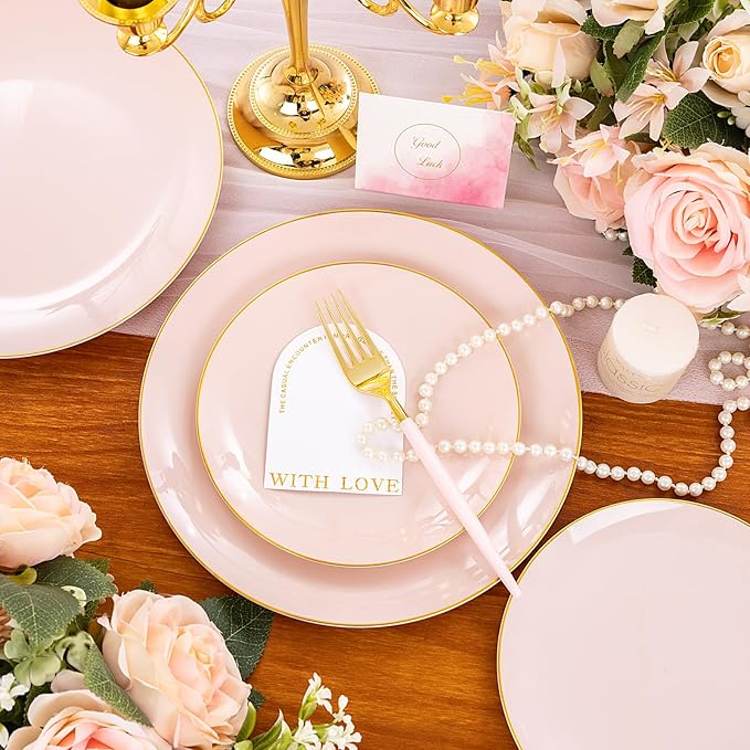 Liacere 150PCS Plastic Plates-Gold Plastic Silverware with Pink Handle - Pink Disposable Plates Include 30 Guests Plates, Forks, Spoons, Knives for Wedding＆Easter Day＆Galentines day＆Valentine's Day