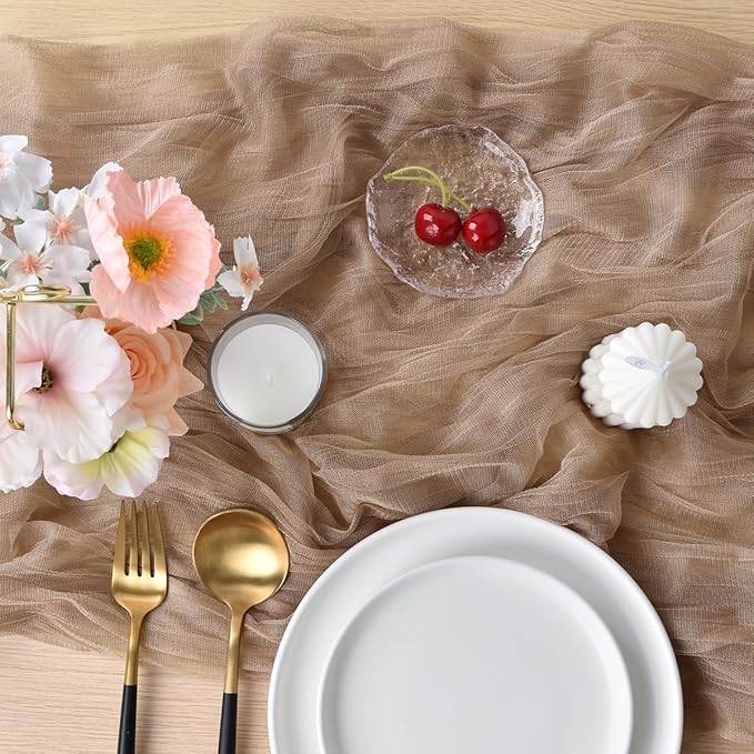 Joanlody Coffee Cheesecloth Table Runner Spring Easter 10Ft Rustic Gauze Boho Cheese Cloth Table Runner for Wedding Bridal Baby Shower Decoration 4 Pack