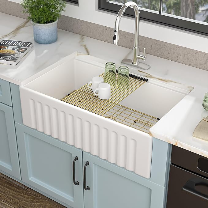 33 White Farm Sink Workstation - Fulorni 33 Inch Farmhouse Kitchen Sink Workstation with Slide Ledge Apron Front Reversible White Ceramic Porcelain Fireclay Single Bowl Farmer Style Basin