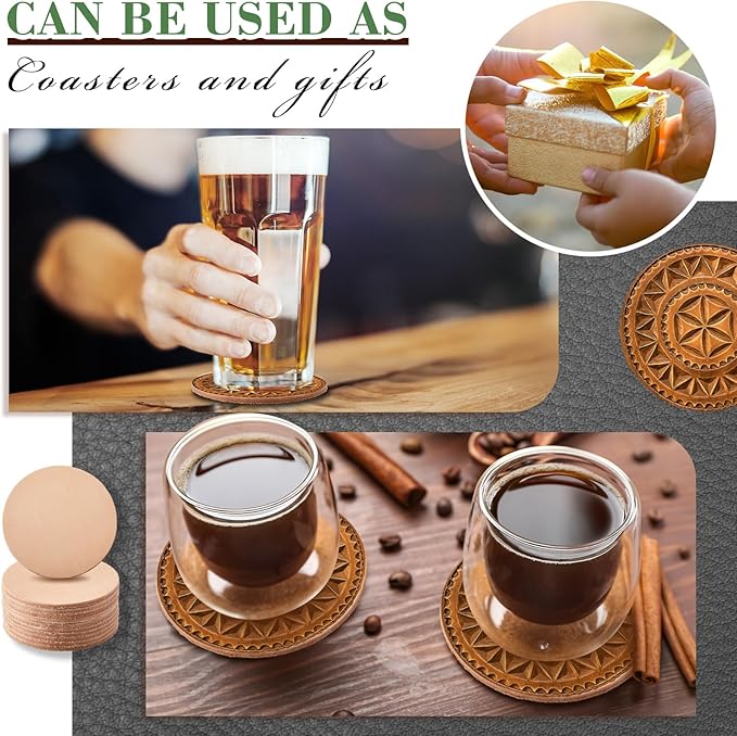 Bulyoou 100 Pack Round Vegetable Tan Leather 3-1/4" Tooling Veg Circular Leather Pieces Sheet for Laser Engraving Coasters Tooling Stamping Carving, Thickness 3.2 mm