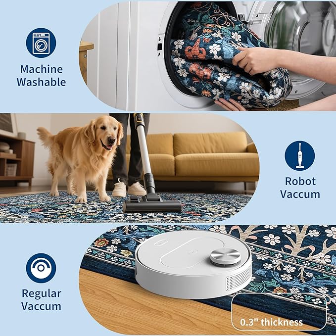 GarveeHome Floral Hallway Runner Rug Non-Slip, 2.5x10 Washable Rugs Ultra-Thin Soft Rug for Hallways, Kitchen Mat Stain Resistant Carpet for Entryway Bathroom, Dark Blue