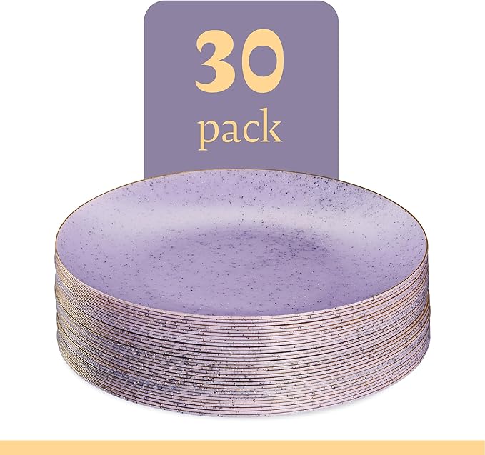 PLASTICPRO 30 Pack Disposable Plastic Plates Heavyweight Granite Look Elegant 9 inch Dinner Plates Purple with Gold Rim