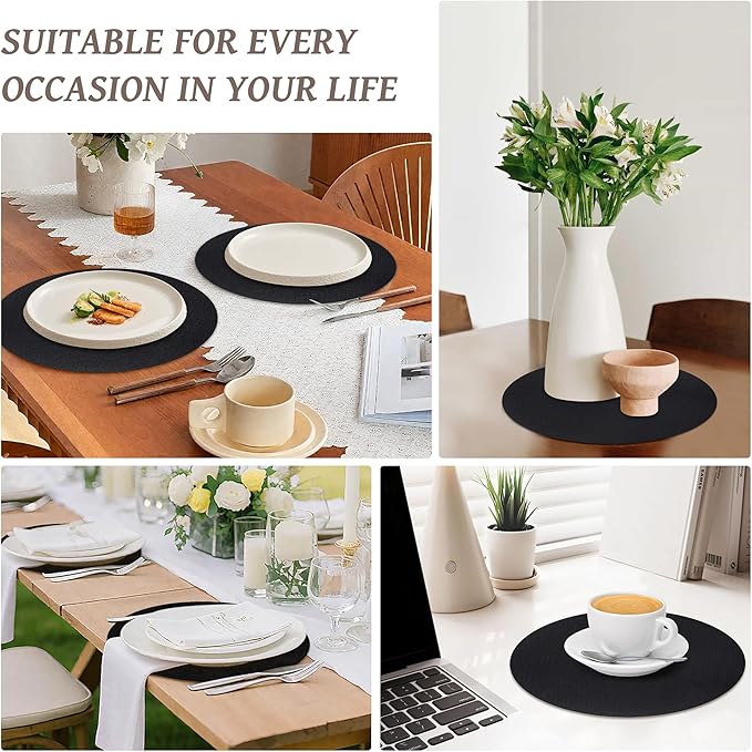 13" Round Placemats Set of 6, Reversible Faux Leather Heat Resistant Table Mats, 100% Waterproof Oilproof Wipeable Table Protective Placemats for Vinyl, Washable for Indoor (6, Black)