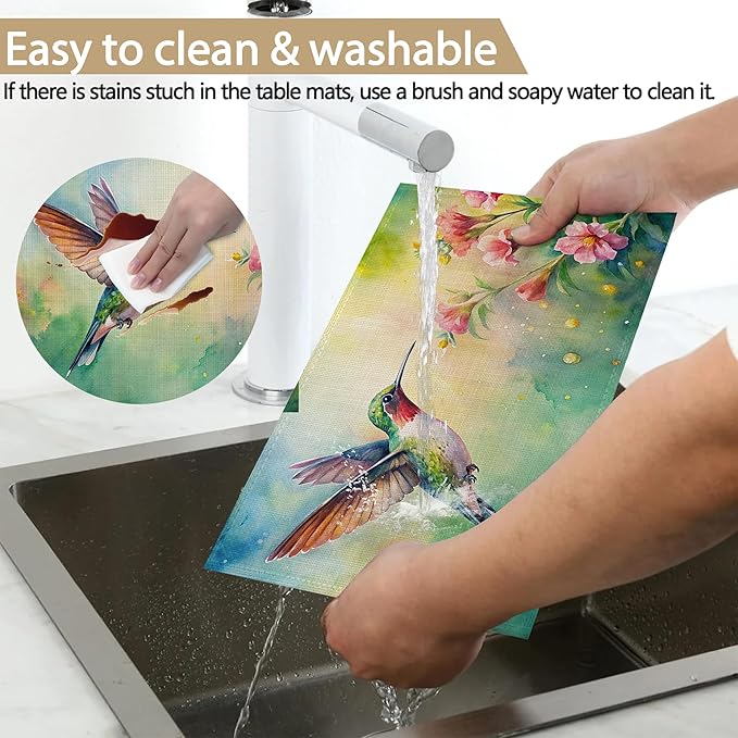 Table Placemats Set of 6, Waterproof Linen Fabric, Non-Slip Backing & Easy Clean, Elegant Dining Table Protectors for Family and Guests(Watercolor Hummingbird Flowers)