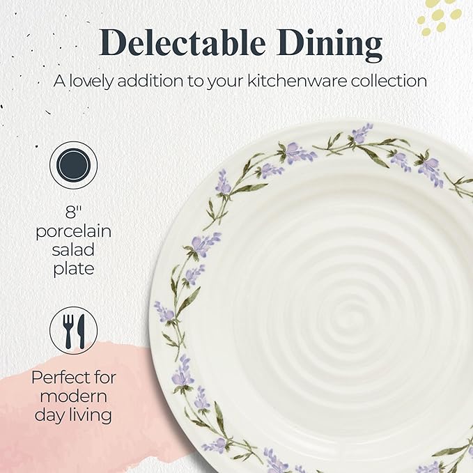 Portmeirion Sophie Conran Lavandula 8 Inch Salad Plates, Set of 4 - Rippled Porcelain Plates with Lavender Sprig Detail for Garden Brunches, Casual Entertaining & Seasonal Dining - Dishwasher Safe