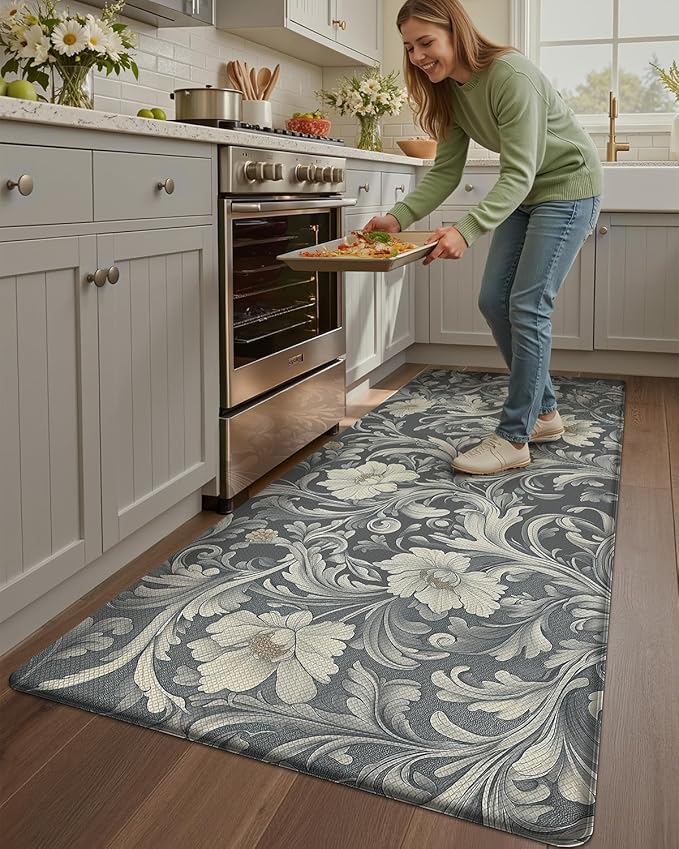 Color&Geometry Floral Kitchen Mat 24"x87", Anti Fatigue Kitchen Mats for Floor, Kitchen Rugs Non Slip, Waterproof & Oil Proof Padded Runner for Standing Desk Office, Sink - Grey
