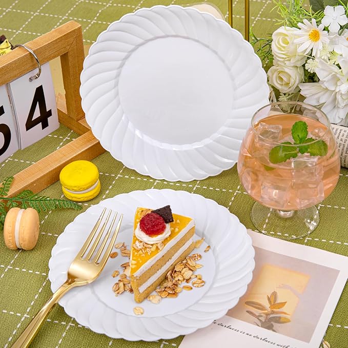 U-QE 100 Pieces White Plastic Plates - 6 Inch White Disposable Plates - Washable & Reusable - Premium Hard Dessert Plates - Party Supplies for Birthdays, Celebrations, Travel, Wedding,Party and Events