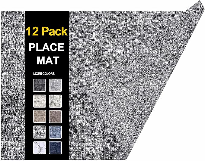 homing Faux Leather Heat Resistant Placemats 12 Packs, Waterproof Wipeable Dining PU Place Mats for Indoor & Outdoor, Easy to Clean, Smokey Grey