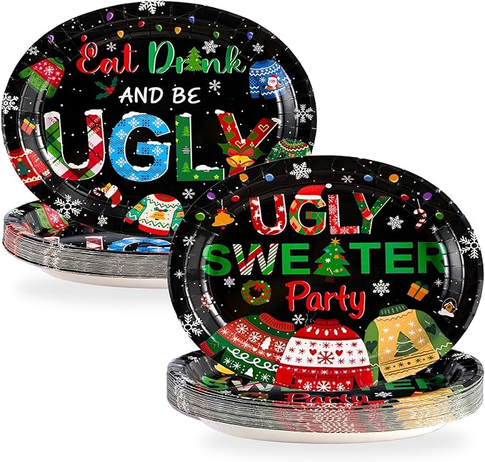 Grencian 50Pcs Ugly Sweater Oval Paper Plates 10" x 12" Large Disposable Heavy Duty Eat Drink And Be Ugly Paper Platters Tacky Sweater Dessert Plates for Winter New Year Holiday Dinner Party Supplies
