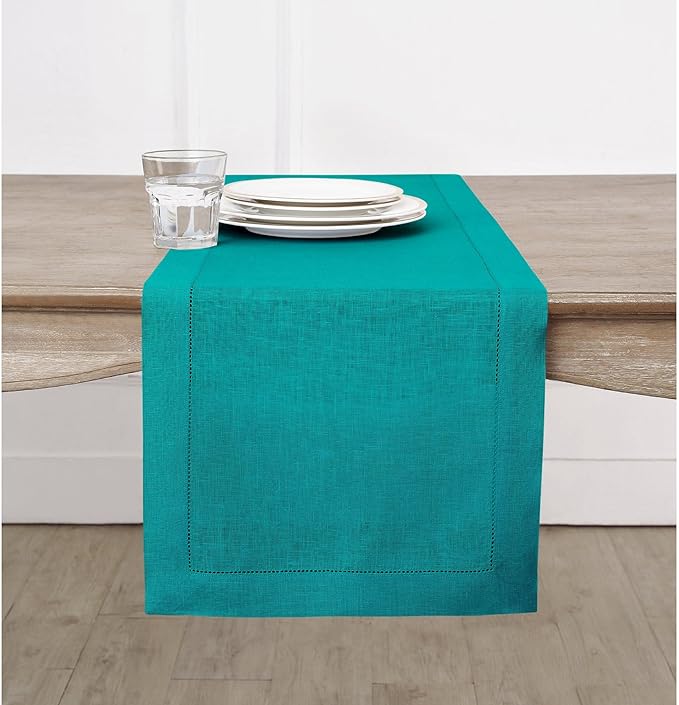Solino Home Linen Hemstitch Table Runner 90 Inches Long - 100% Pure Linen Teal Table Runner 14 x 90 Inch - Classic Hemstitch