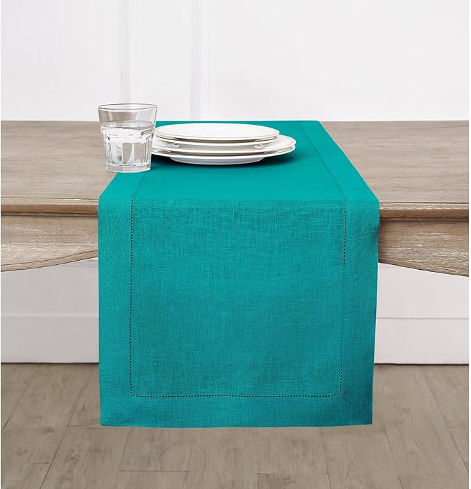 Solino Home Linen Table Runner 60 Inches - 100% Pure Linen Teal Hemstitch Table Runner 14 x 60 Inch Ideal for Dresser and Coffee Tables - Classic Hemstitch