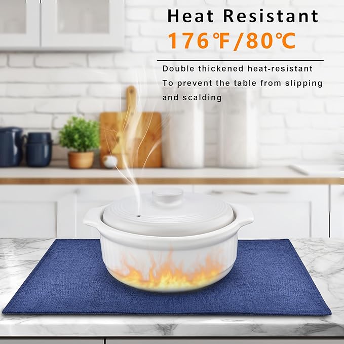 SLKQG Blue Linen-Look Placemats Set of 6, Heat Resistant & Machine Washable Double-Layered Cloth Placemats for Dining Table, Indoor/Outdoor Use, Non-Slip Kitchen Table Mats (6, Navy Blue)