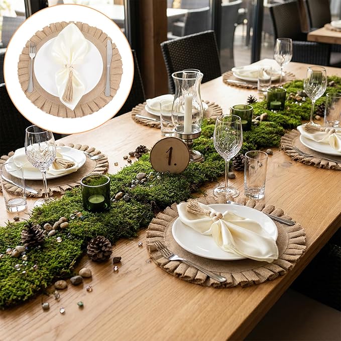 18 Pcs Round Natural Burlap Placemats, Wooden Bead Napkin Rings with Cloth Dinner Napkins, Heat Resistant Jute Placemat Set Boho for Wedding Dining Table Decor
