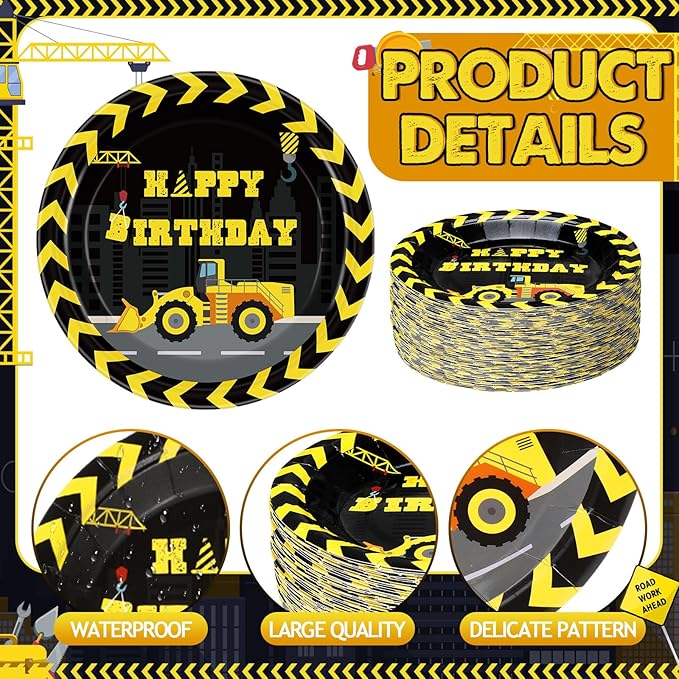 60 Pcs Construction Birthday Party Decor 7 Inch Construction Cake Dessert Paper Plates Dump Truck Digger Vehicle Excavator Disposable Black and Yellow Tableware for Boys Baby Shower Supplies