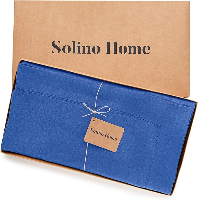 Solino Home Royal Blue Linen Tablecloth 60 x 132 Inch - 100% Pure Linen Hemstitch Table Cloth for Rectangle Tables - Classic Hemstitch, Machine Washable Tablecloth for Spring