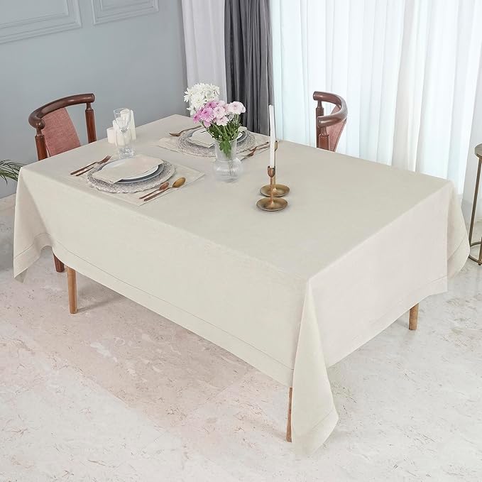 D'Moksha Homes Light Natural Linen Tablecloth 52 x 52 Inch - 100% Pure Linen Square Table Throw - Classic Hemstitch, Machine Washable Table Cloth for Valentines, Spring, Easter